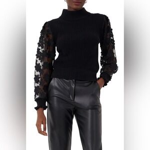 French Connection Juri Mozart Rib Sheer Floral Sleeve Turtleneck In Black